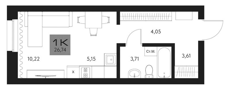 Планировка студии 26.74 м² в ЖК «Параграф. Томск»