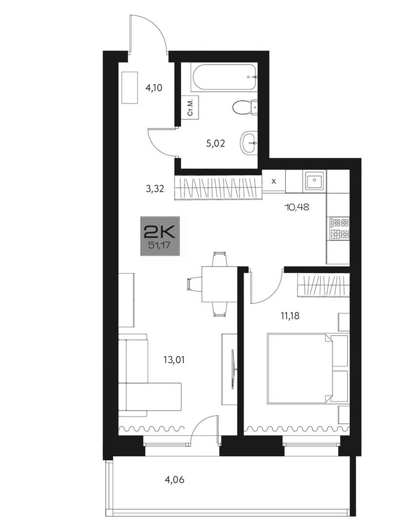 Планировка 2е-к.кв 47.11 м² в ЖК «Параграф. Томск»