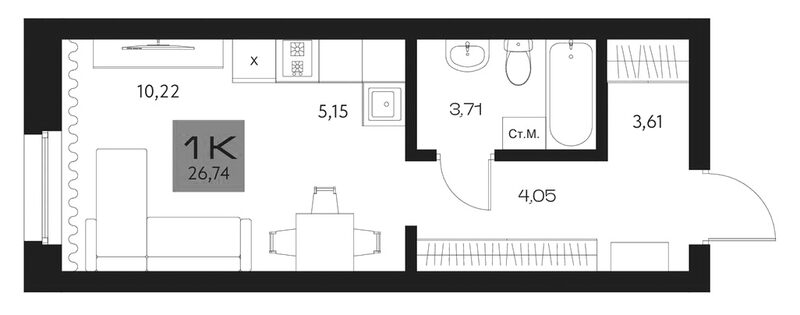 Планировка студии 26.74 м² в ЖК «Параграф. Томск»