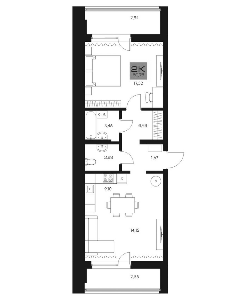 Планировка 2е-к.кв 55.26 м² в ЖК «Параграф. Томск»