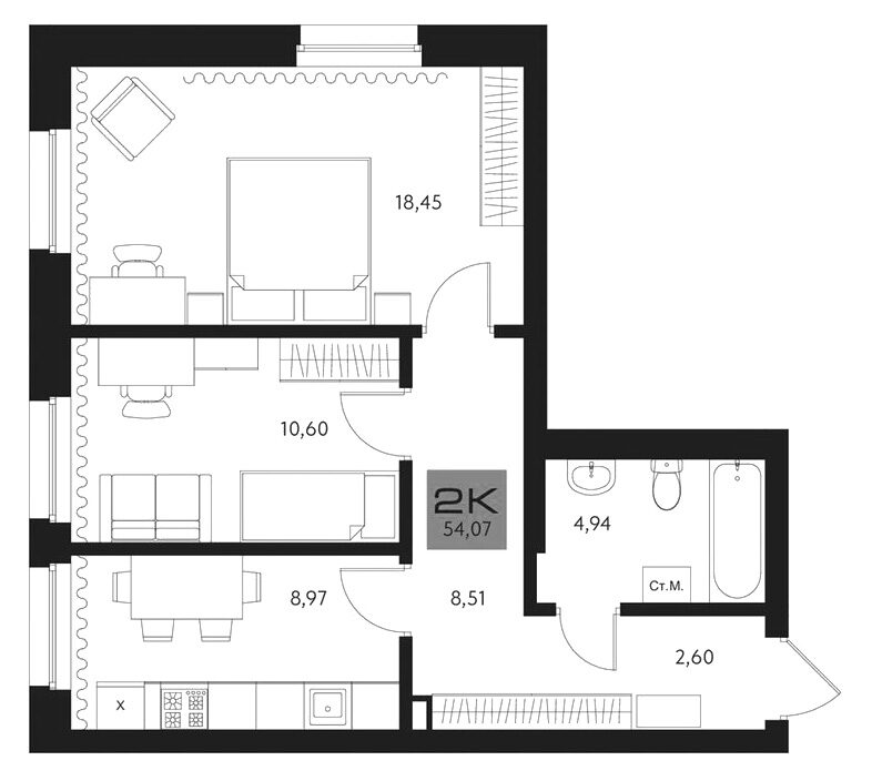 Планировка 2-к.кв 54.07 м² в ЖК «Параграф. Томск»