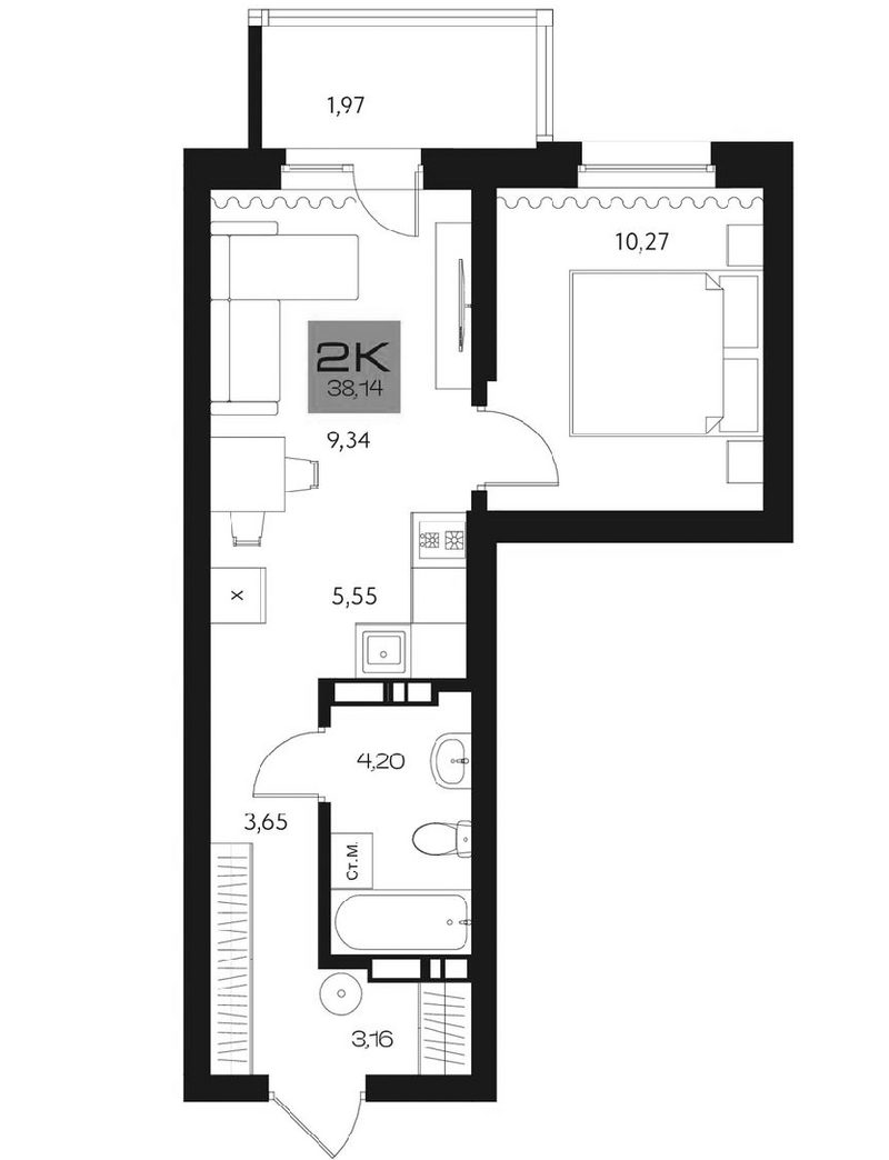 Планировка 2е-к.кв 36.17 м² в ЖК «Параграф. Томск»