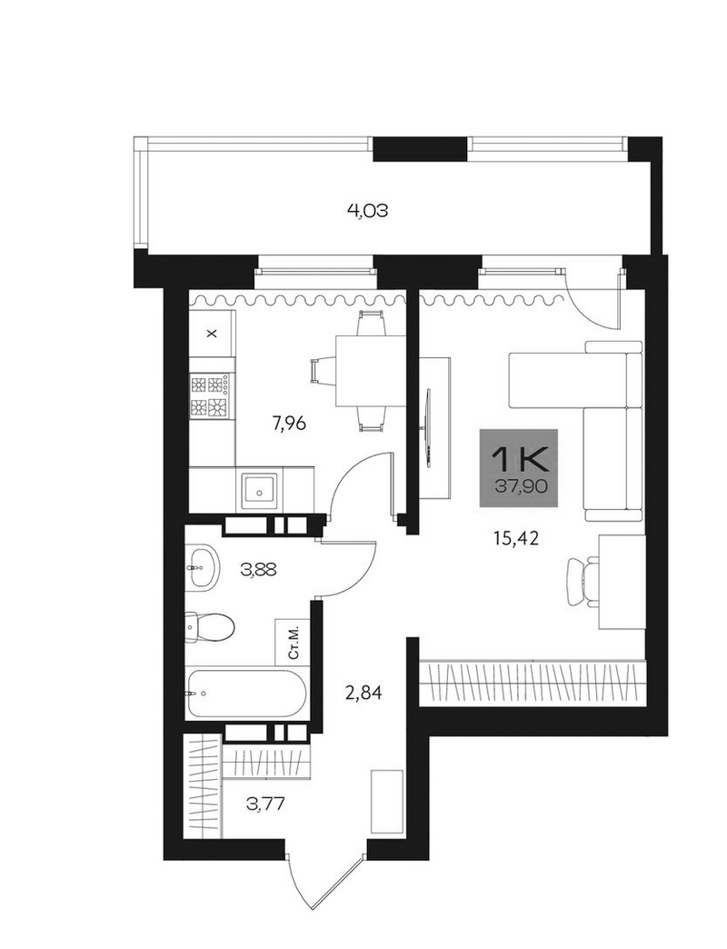 Планировка 1-к.кв 33.87 м² в ЖК «Параграф. Томск»
