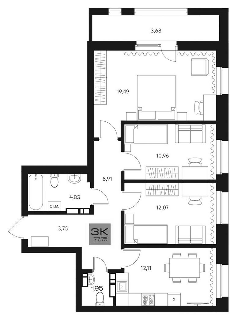 Планировка 3-к.кв 74.07 м² в ЖК «Параграф. Томск»