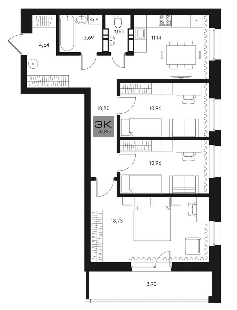 Планировка 3-к.кв 72.90 м² в ЖК «Параграф. Томск»