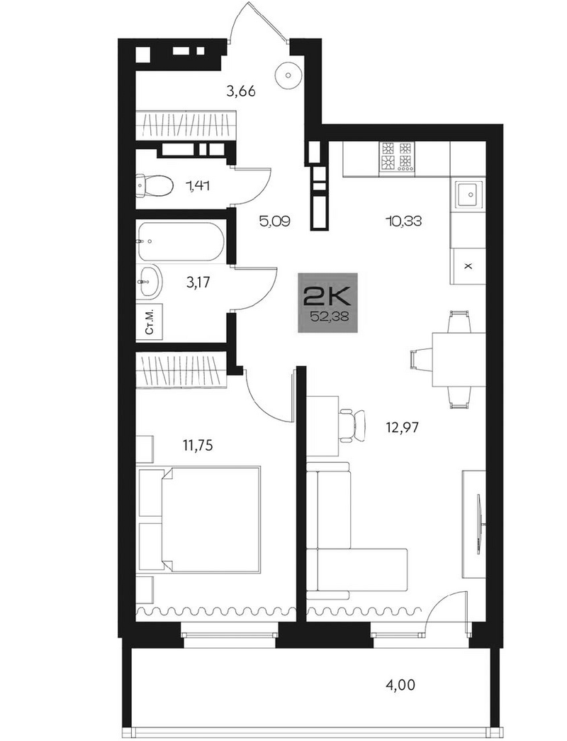 Планировка 2е-к. квартира 48.38 м² в ЖК «Параграф. Томск»