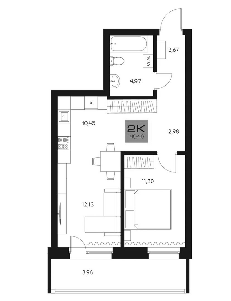 Планировка 2е-к. квартира 45.50 м² в ЖК «Параграф. Томск»