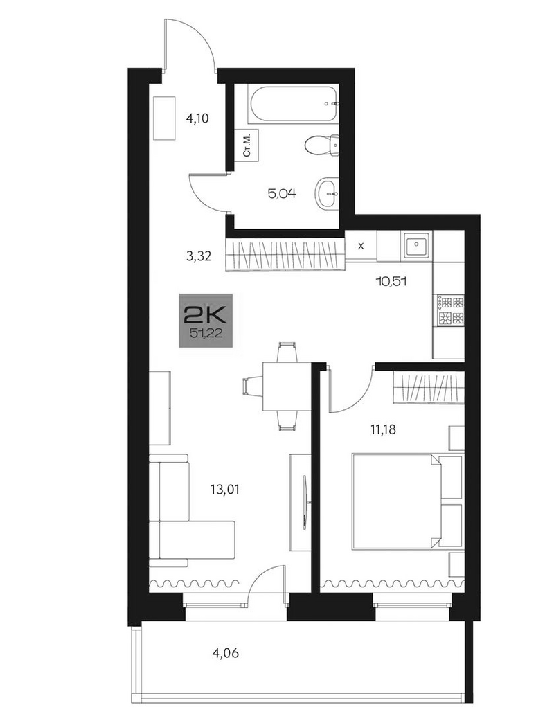Планировка 2е-к. квартира 47.16 м² в ЖК «Параграф. Томск»