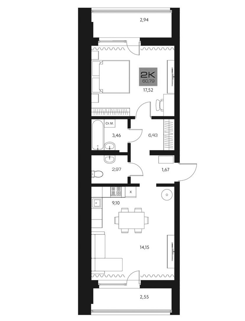 Планировка 2е-к. квартира 55.30 м² в ЖК «Параграф. Томск»