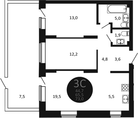 Планировка 3е-к.кв 65.50 м² в ЖК «Первый на Есенина»