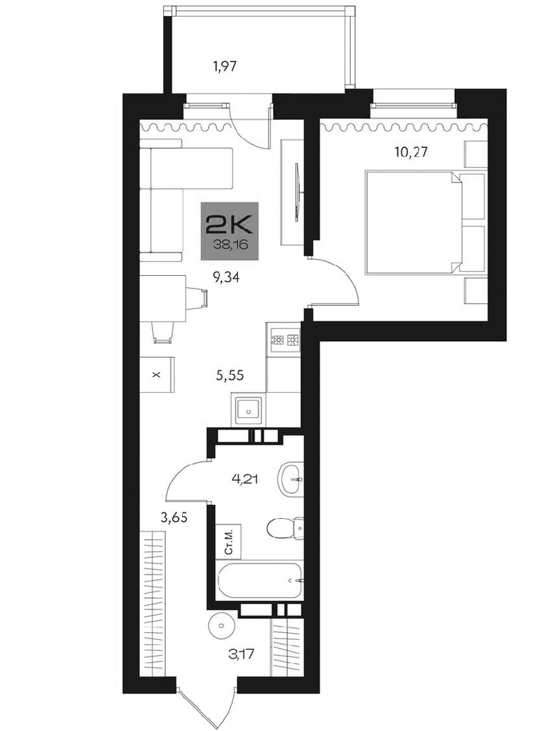 Планировка 2е-к. квартира 36.19 м² в ЖК «Параграф. Томск»