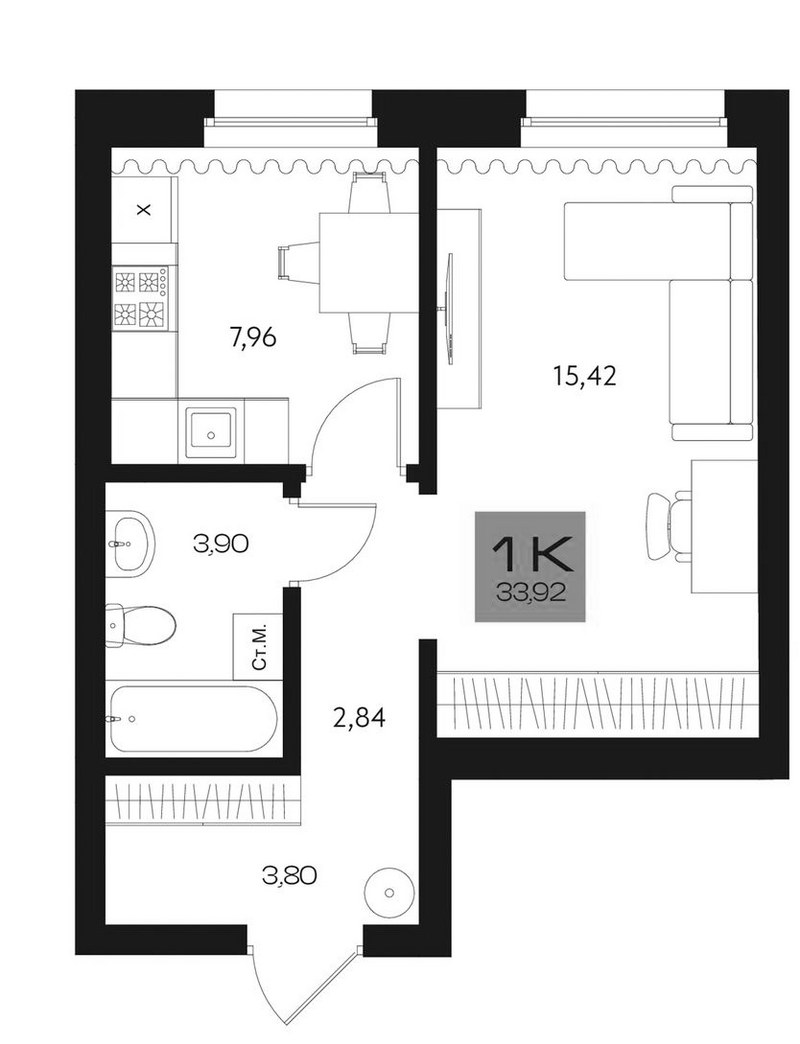 Планировка 1-к.кв 33.92 м² в ЖК «Параграф. Томск»