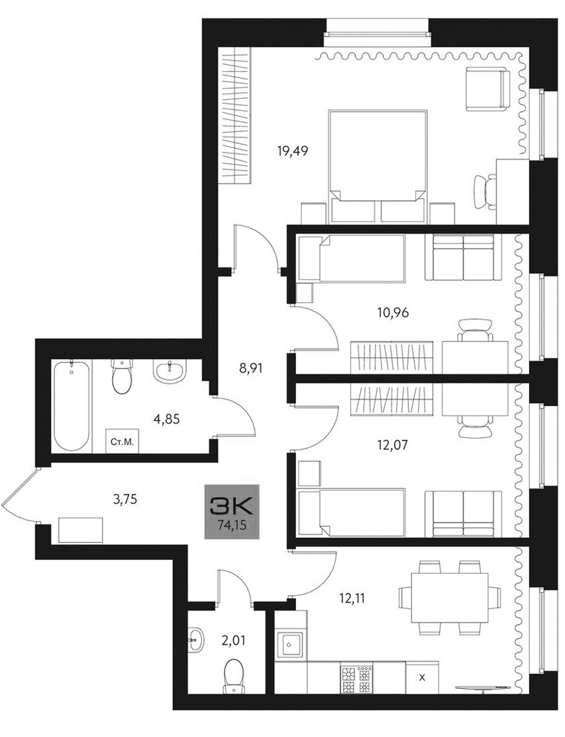 Планировка 3-к.кв 74.15 м² в ЖК «Параграф. Томск»
