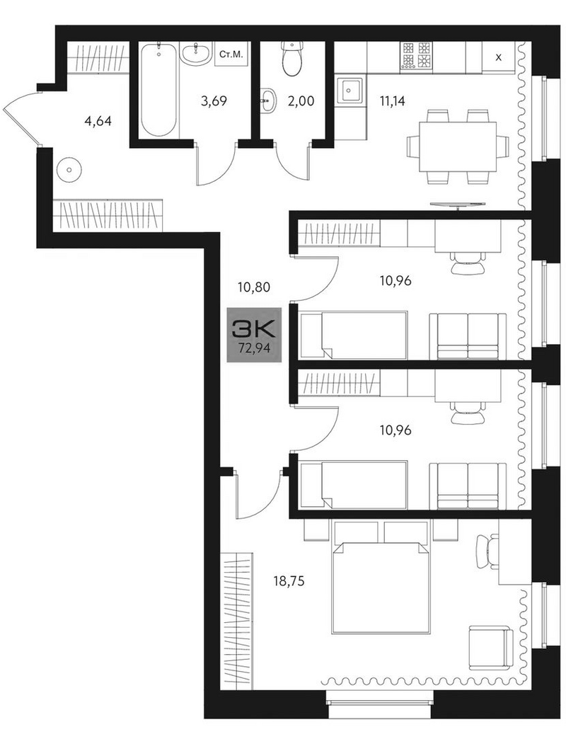 Планировка 3-к.кв 72.94 м² в ЖК «Параграф. Томск»