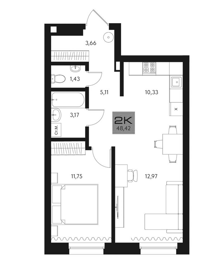 Планировка 2е-к.кв 48.42 м² в ЖК «Параграф. Томск»