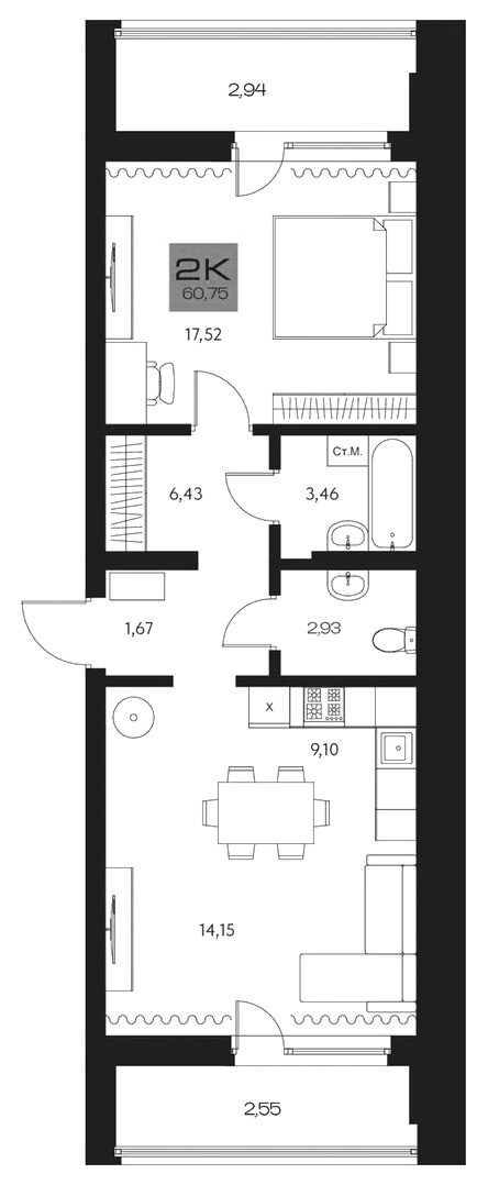 Планировка 2е-к. квартира 55.26 м² в ЖК «Параграф. Томск»
