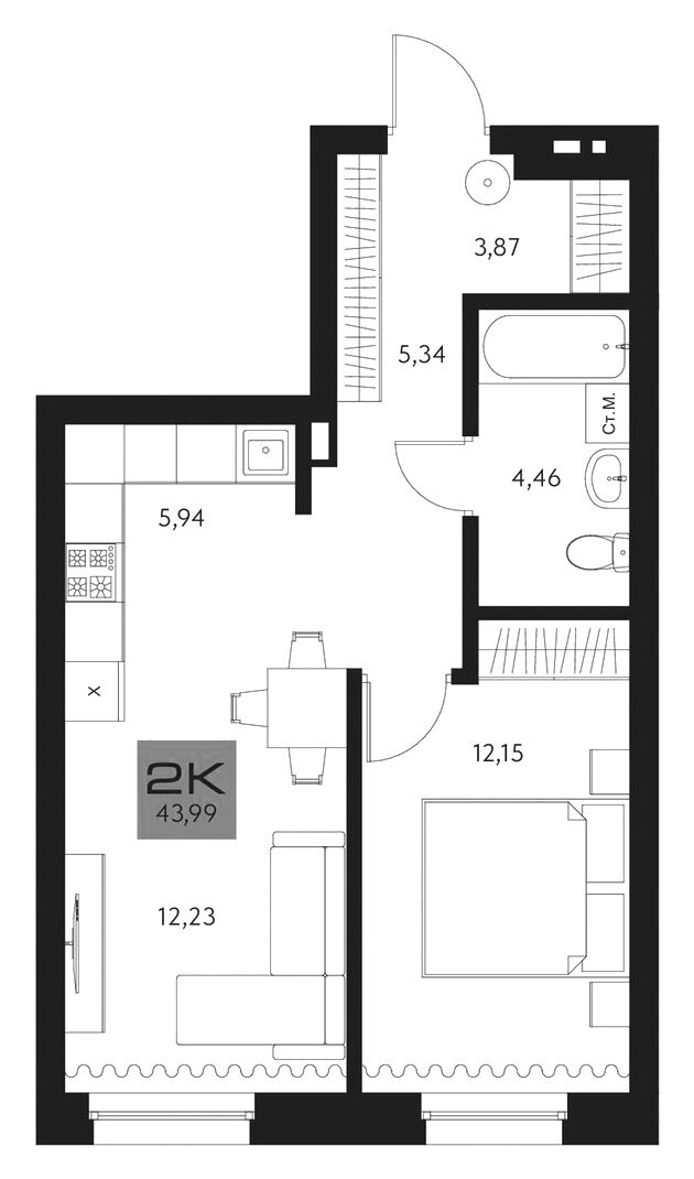 Планировка 2е-к. квартира 43.99 м² в ЖК «Параграф. Томск»