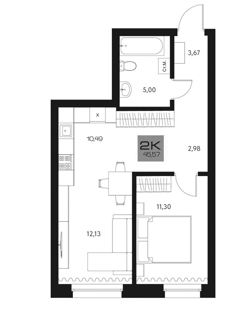 Планировка 2е-к.кв 45.57 м² в ЖК «Параграф. Томск»
