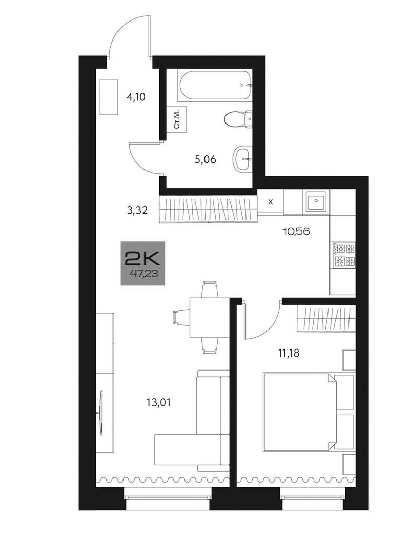 Планировка 2е-к.кв 47.23 м² в ЖК «Параграф. Томск»