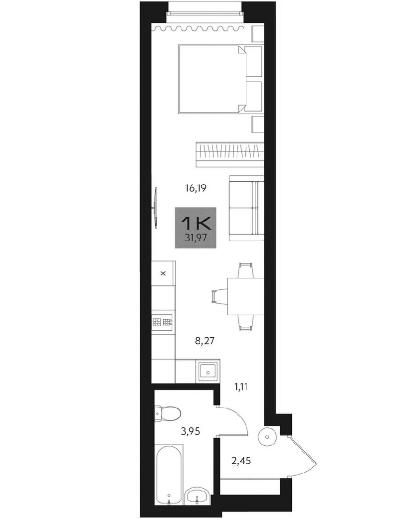 Планировка студии 31.97 м² в ЖК «Параграф. Томск»