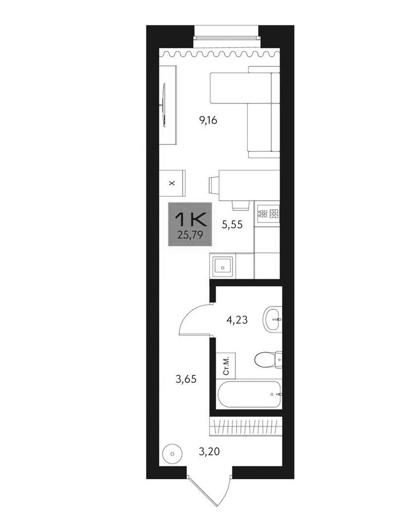 Планировка студии 25.79 м² в ЖК «Параграф. Томск»