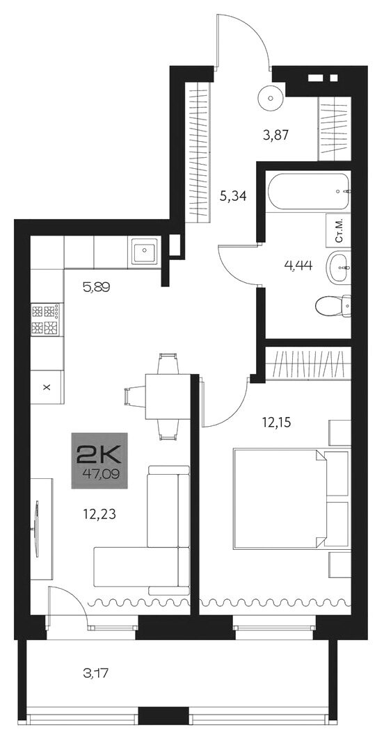Планировка 2е-к. квартира 43.92 м² в ЖК «Параграф. Томск»