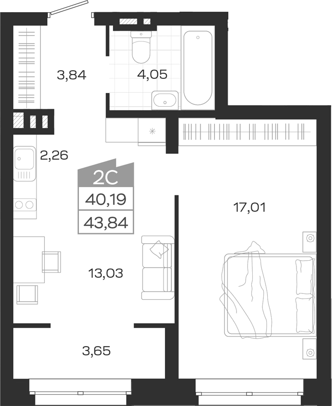 Планировка 2е-к.кв 40.19 м² в ЖК «Ясный Берег»