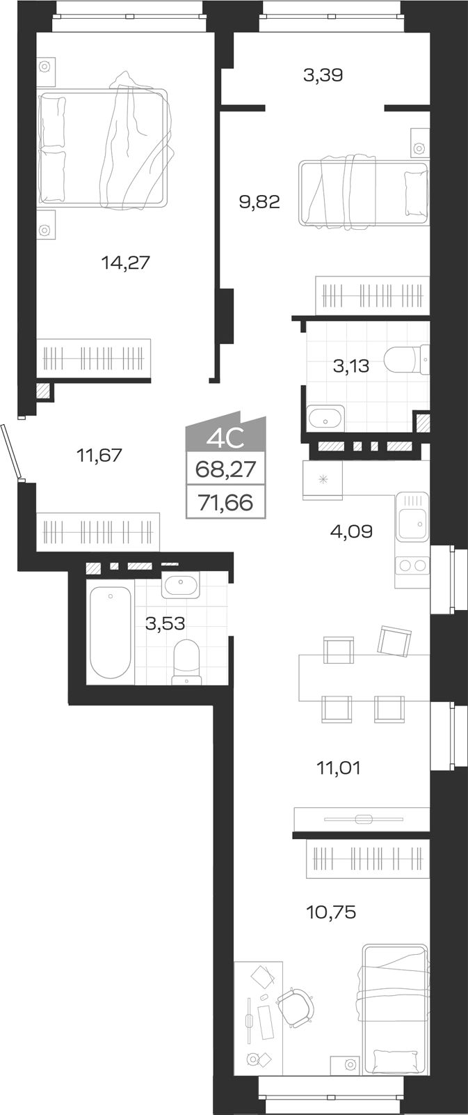 Планировка 4е-к.кв 68.27 м² в ЖК «Ясный Берег»
