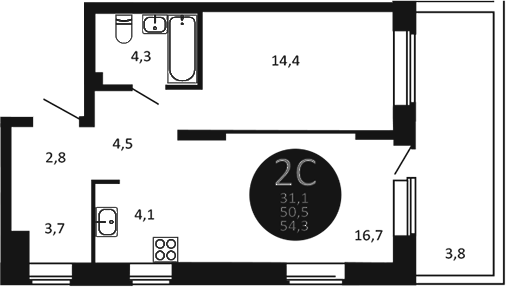 Планировка 2е-к.кв 50.50 м² в ЖК «Первый на Есенина»