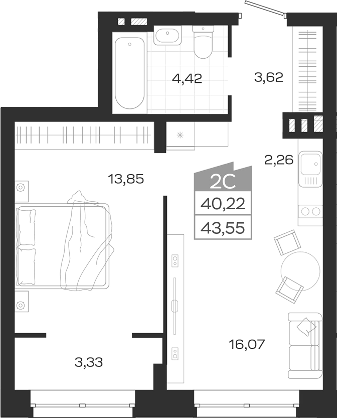 Планировка 2е-к.кв 40.22 м² в ЖК «Ясный Берег»