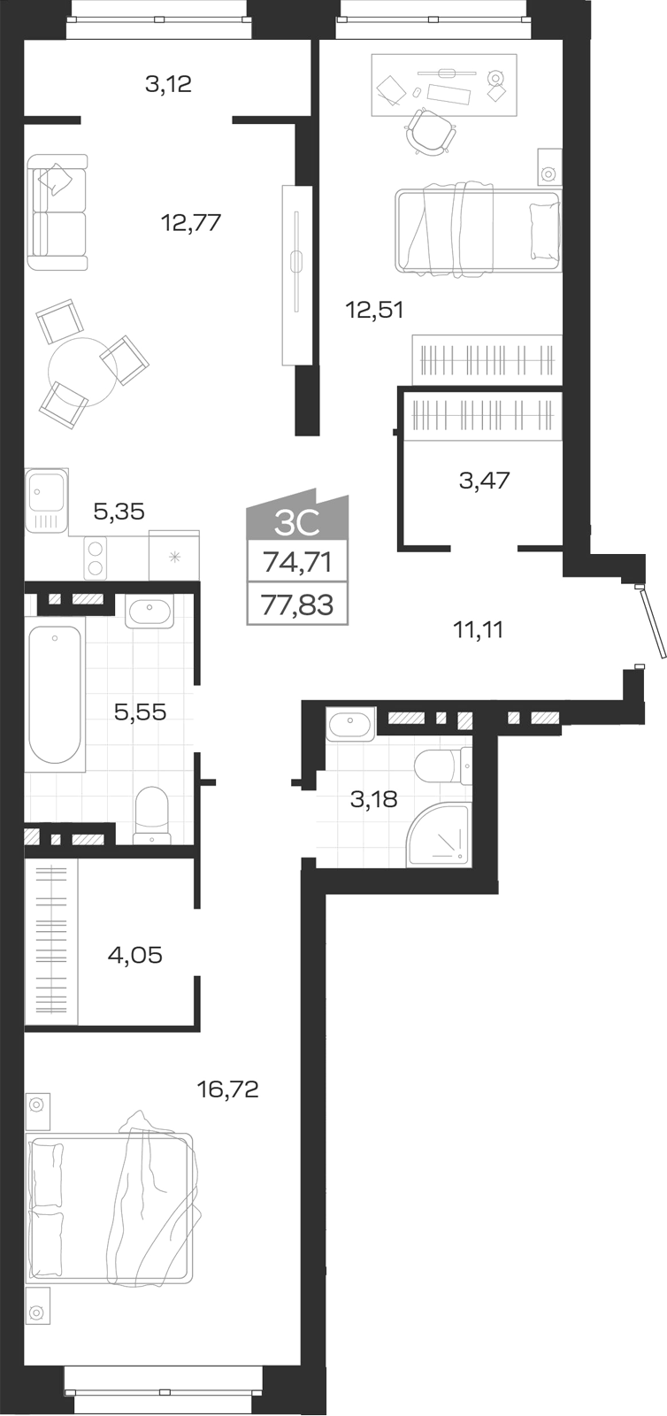 Планировка 3е-к.кв 74.71 м² в ЖК «Ясный Берег»