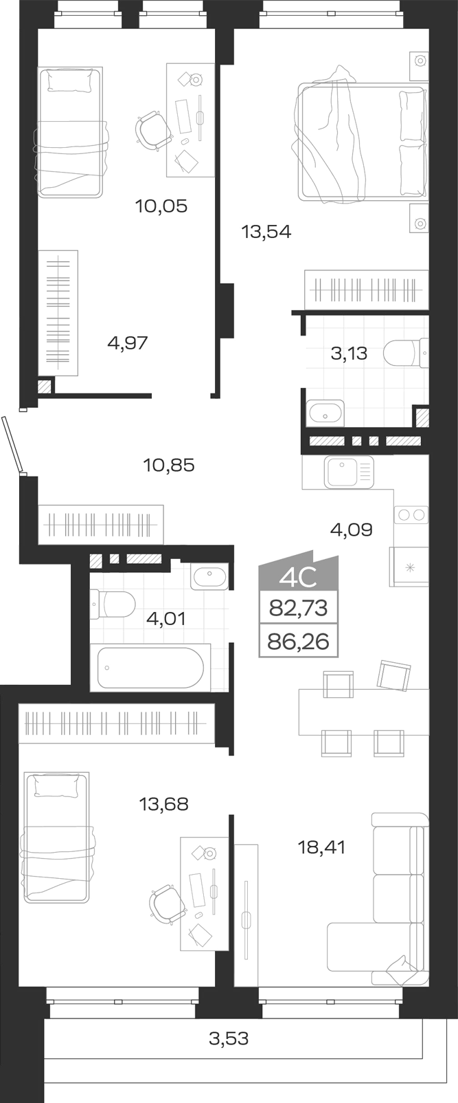 Планировка 4е-к.кв 82.73 м² в ЖК «Ясный Берег»