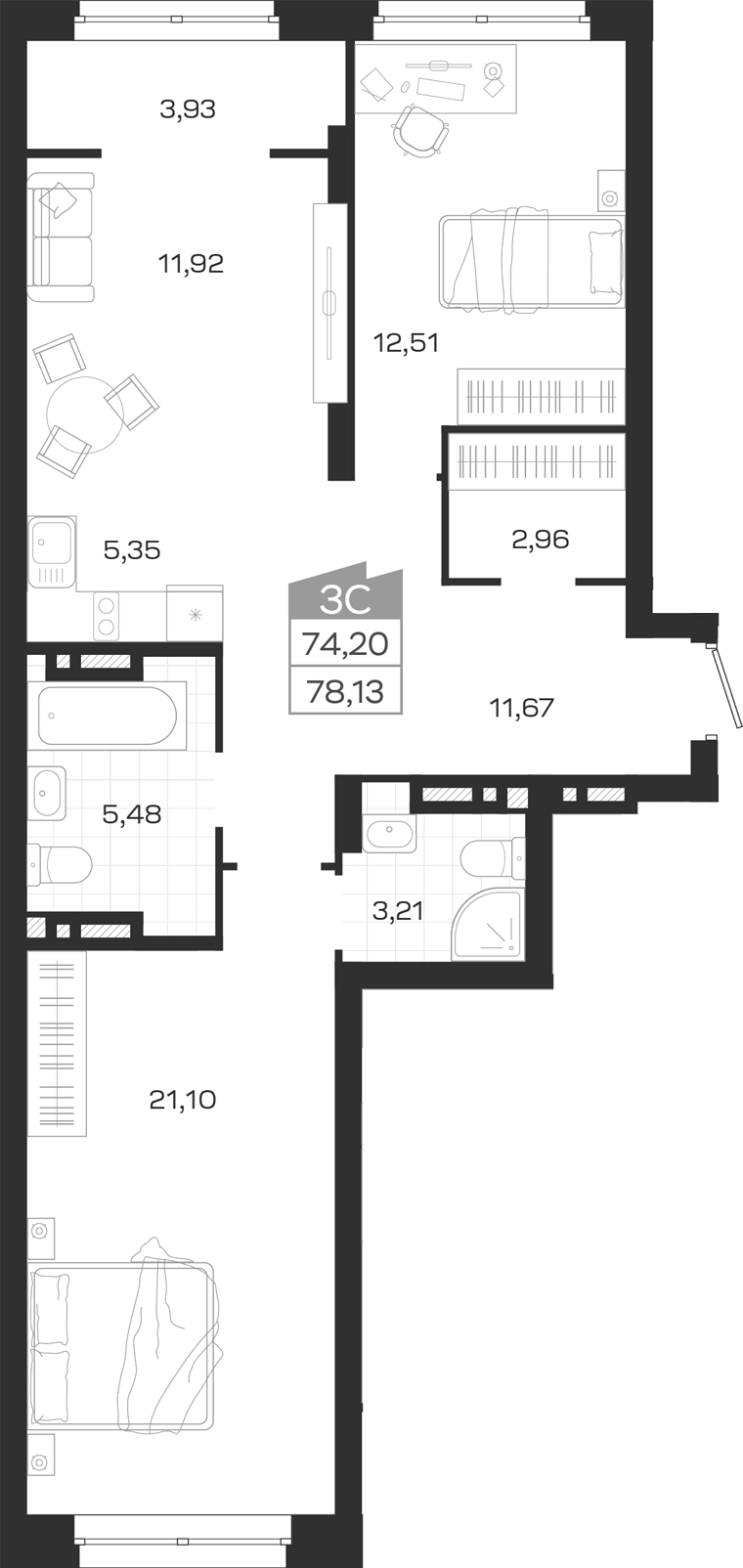 Планировка 3е-к.кв 74.20 м² в ЖК «Ясный Берег»