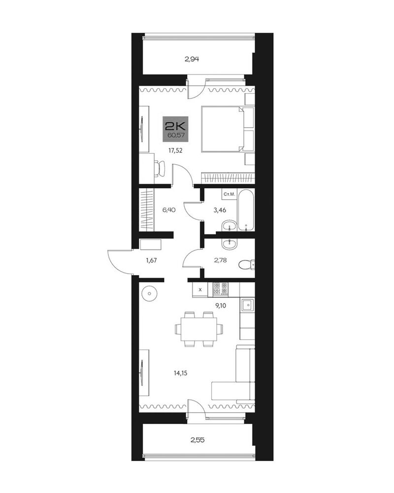 Планировка 2е-к.кв 55.08 м² в ЖК «Параграф. Томск»