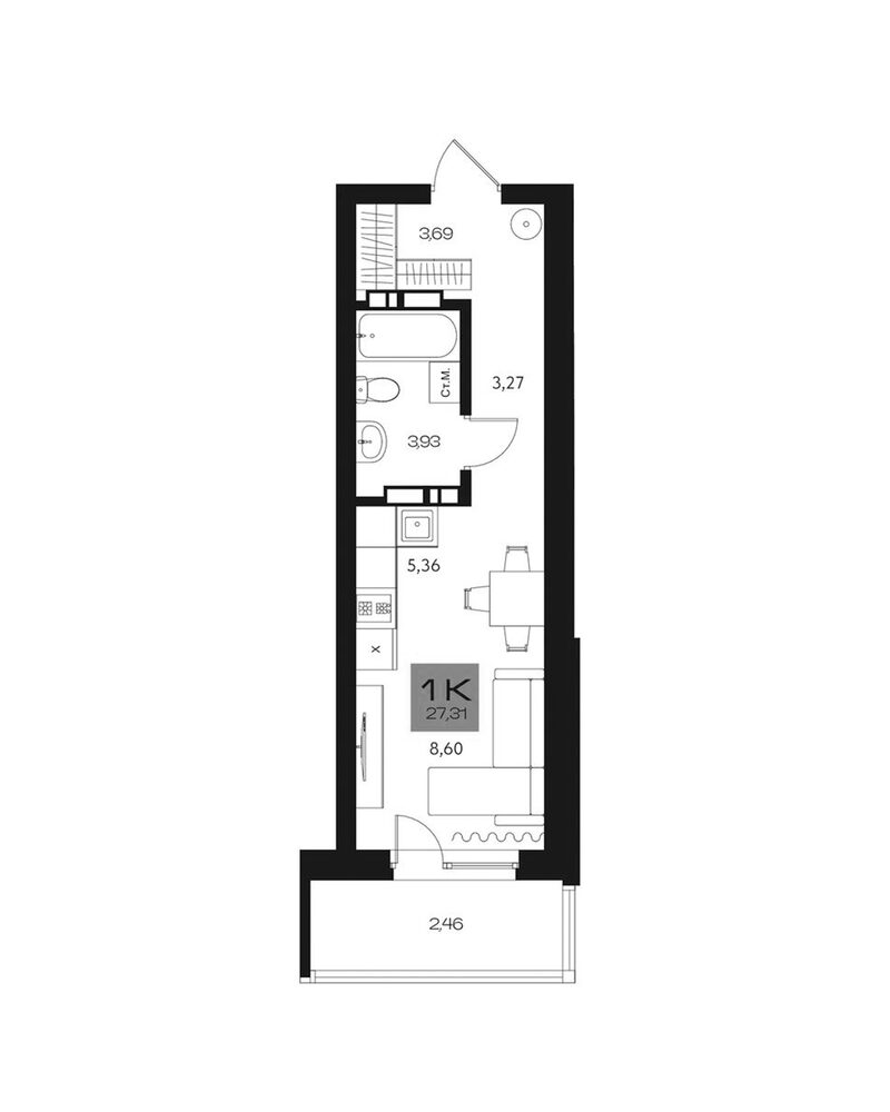 Планировка студии 24.85 м² в ЖК «Параграф. Томск»