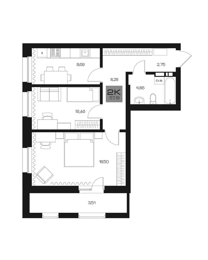 Планировка 2-к.кв 53.68 м² в ЖК «Параграф. Томск»