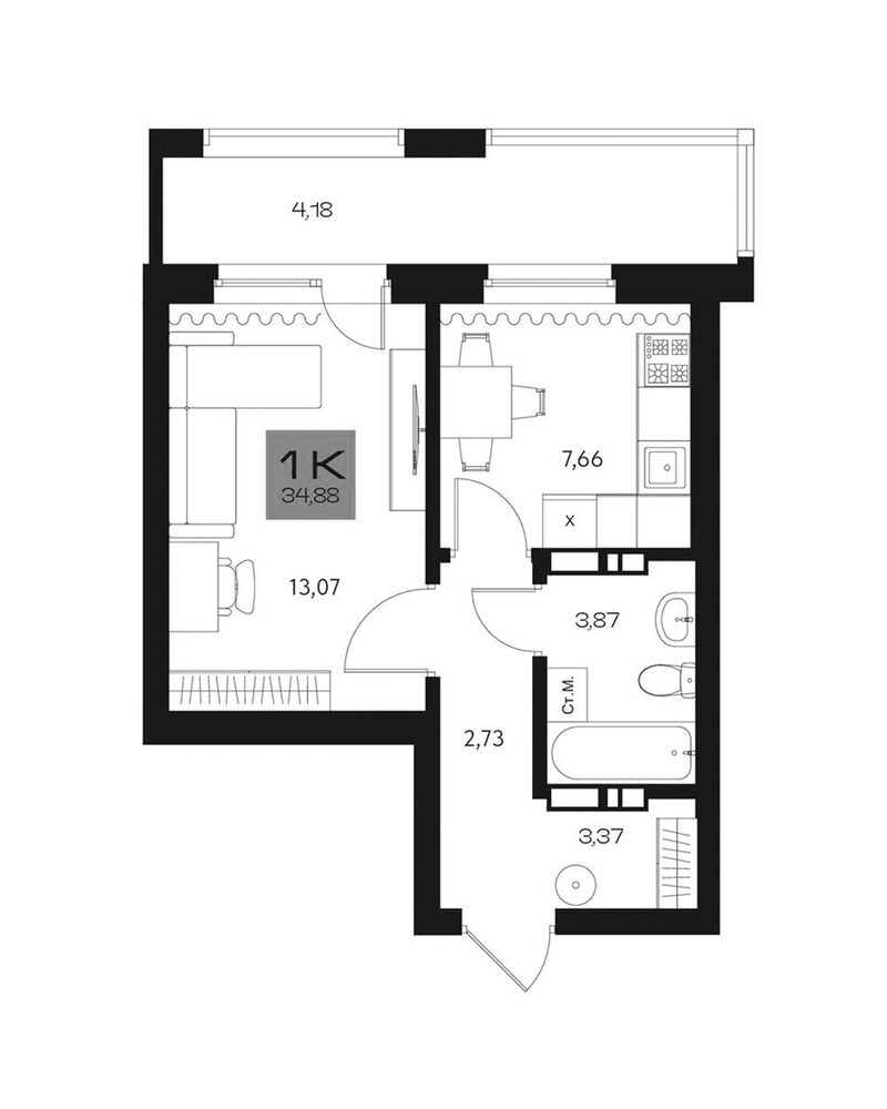 Планировка 1-к.кв 30.70 м² в ЖК «Параграф. Томск»
