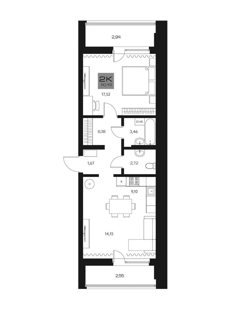 Планировка 2е-к. квартира 55.00 м² в ЖК «Параграф. Томск»