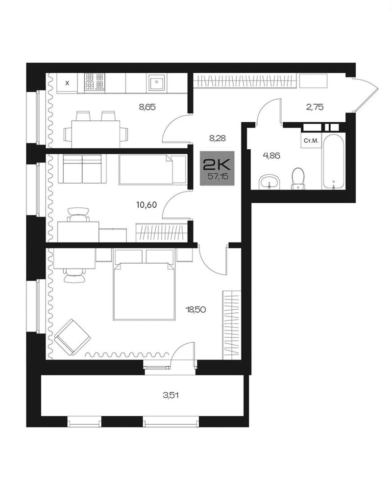 Планировка 2-к.кв 53.64 м² в ЖК «Параграф. Томск»