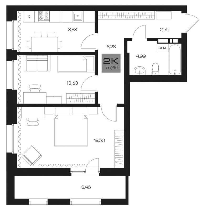 Планировка 2-к.кв 54.00 м² в ЖК «Параграф. Томск»