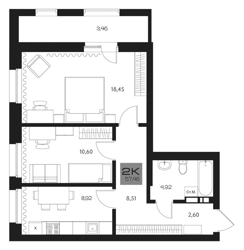 Планировка 2-к.кв 54.00 м² в ЖК «Параграф. Томск»
