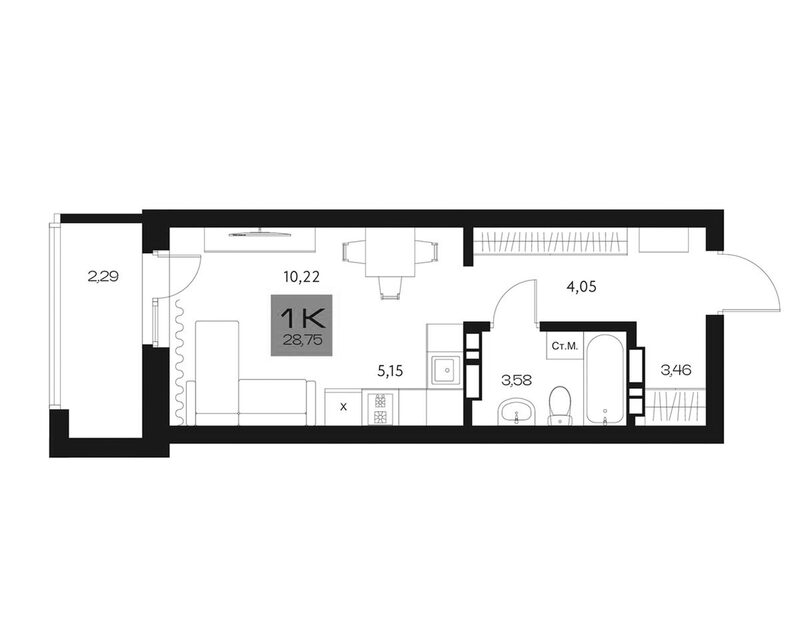Планировка студии 26.46 м² в ЖК «Параграф. Томск»