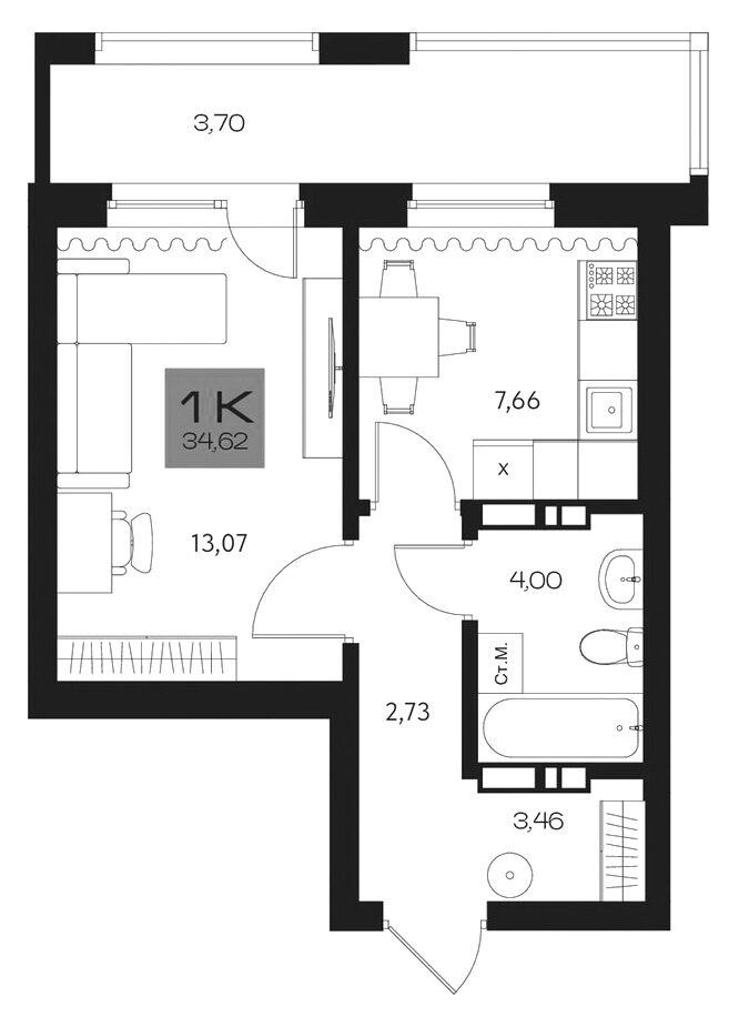 Планировка 1-к. квартира 30.92 м² в ЖК «Параграф. Томск»
