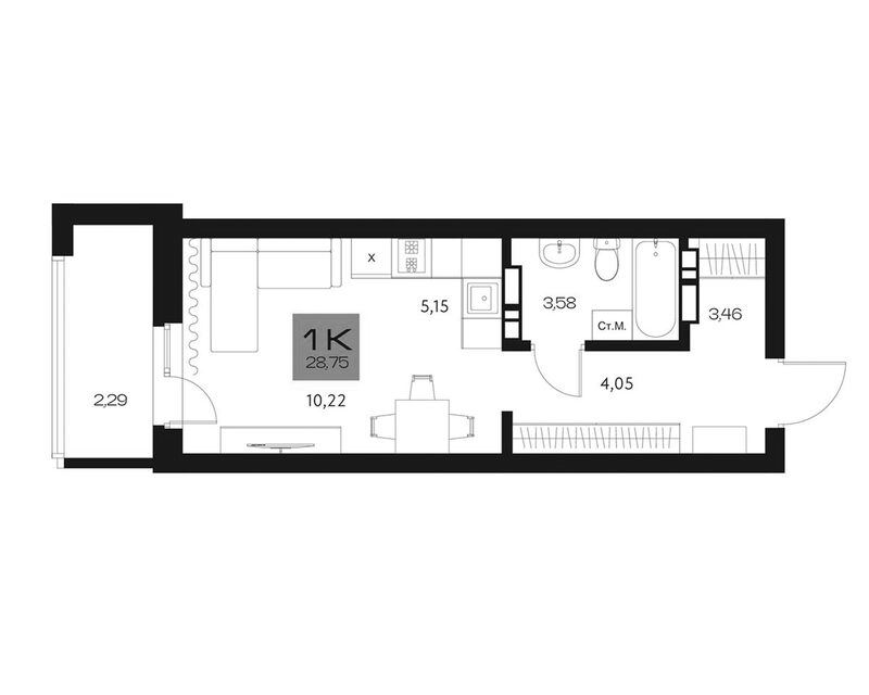 Планировка студии 26.46 м² в ЖК «Параграф. Томск»