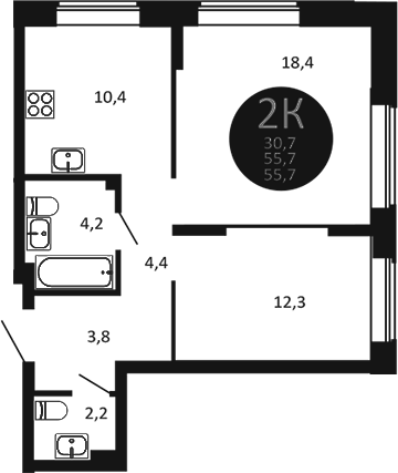 Планировка 2-к. квартира 55.70 м² в ЖК «Первый на Есенина»