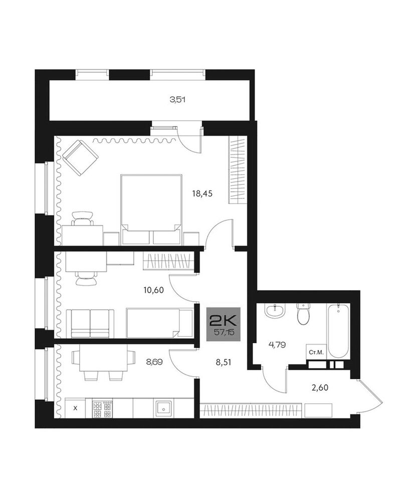Планировка 2-к. квартира 53.64 м² в ЖК «Параграф. Томск»