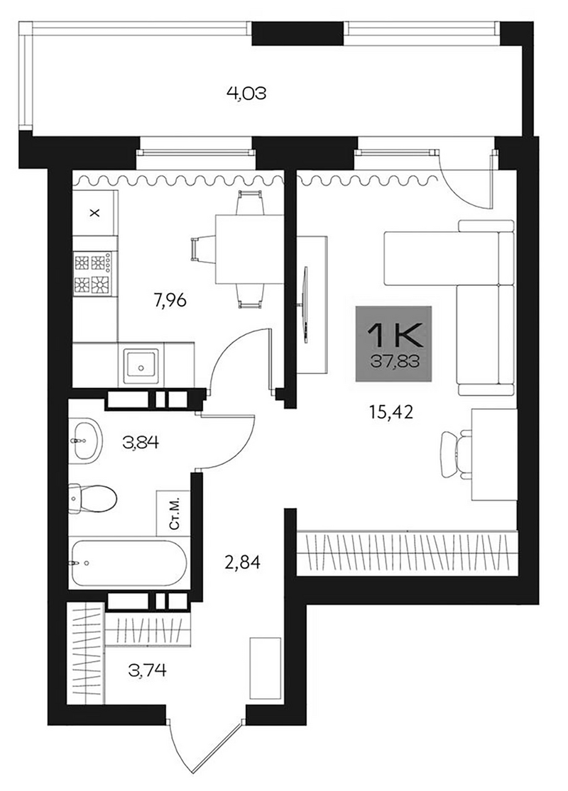 Планировка 1-к.кв 33.80 м² в ЖК «Параграф. Томск»