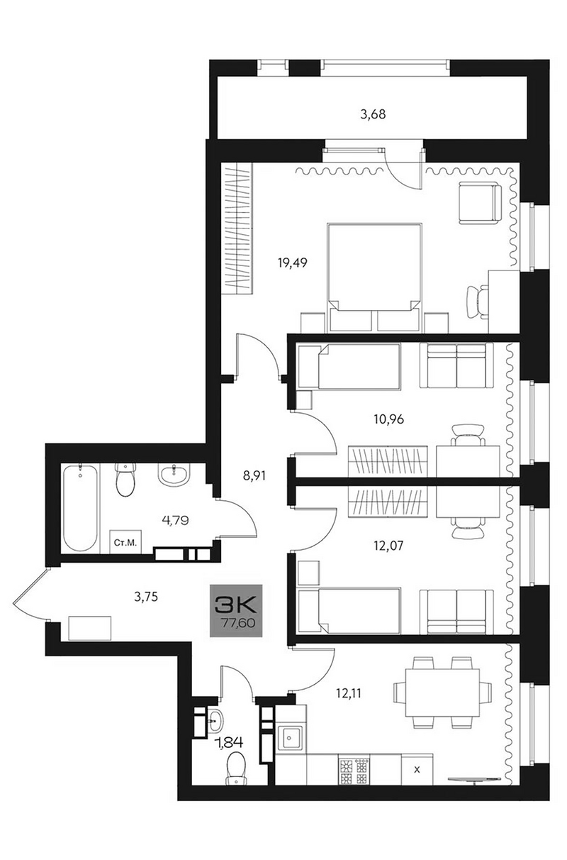 Планировка 3-к.кв 73.92 м² в ЖК «Параграф. Томск»