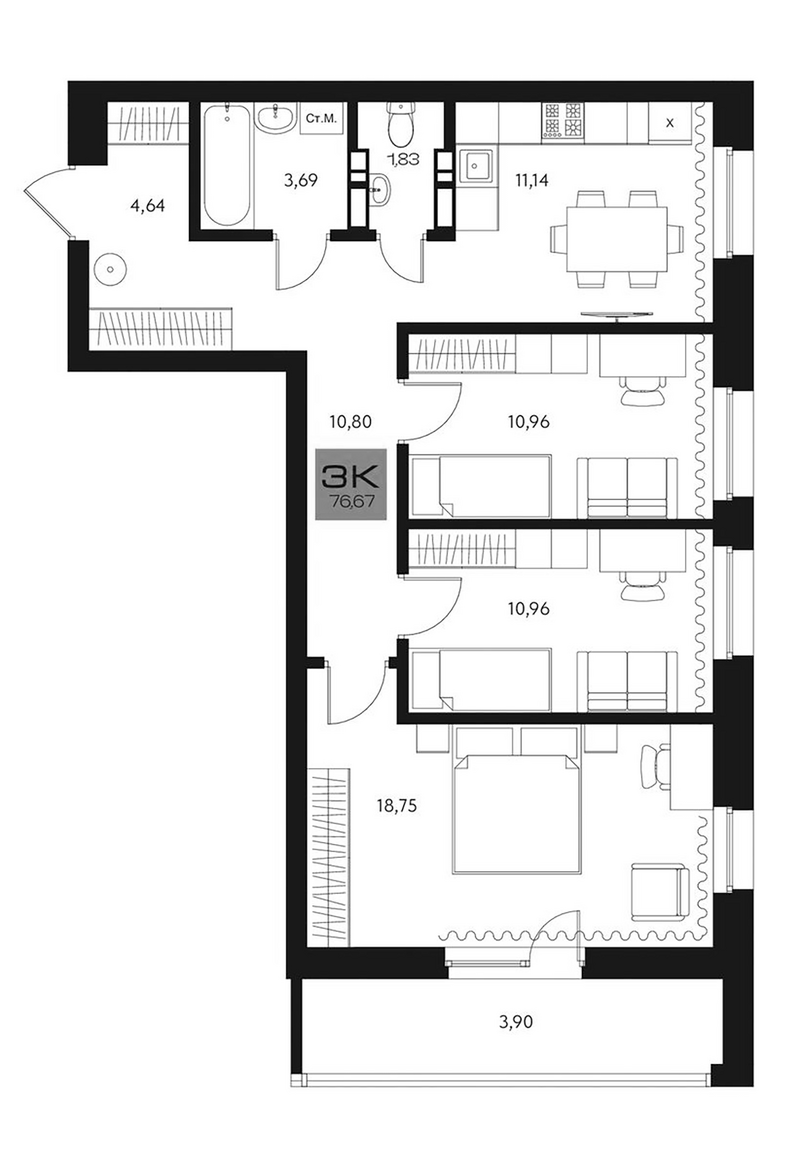 Планировка 3-к.кв 72.77 м² в ЖК «Параграф. Томск»