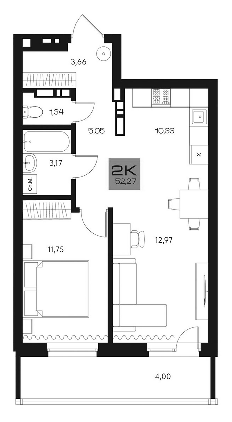 Планировка 2е-к. квартира 48.27 м² в ЖК «Параграф. Томск»